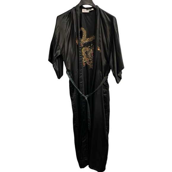 Passports by Pier 1 Kimono Robe Womens OS Black Satin Long Embroidered Dragon - Picture 2 of 9